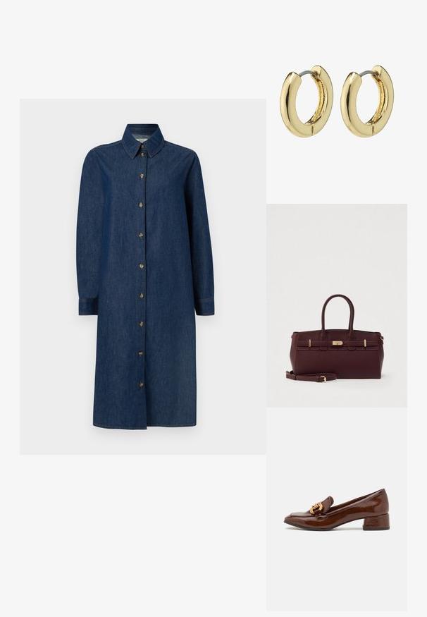 Donkerblauwe denim jurk met lange mouwen, een kraag en knoopsluiting over de hele lengte aan de voorkant.; Bruine leren loafers met een glanzende afwerking, met een decoratieve gouden gesp aan de voorkant en een lage blokhak. Klassiek ontwerp.; Bordeauxrode leren handtas met twee bovenhandvatten en een afneembare schouderriem. Voorzien van gouden accenten en een gestructureerd ontwerp met horizontale details.; Pilgrim Oorbellen - gold plated
