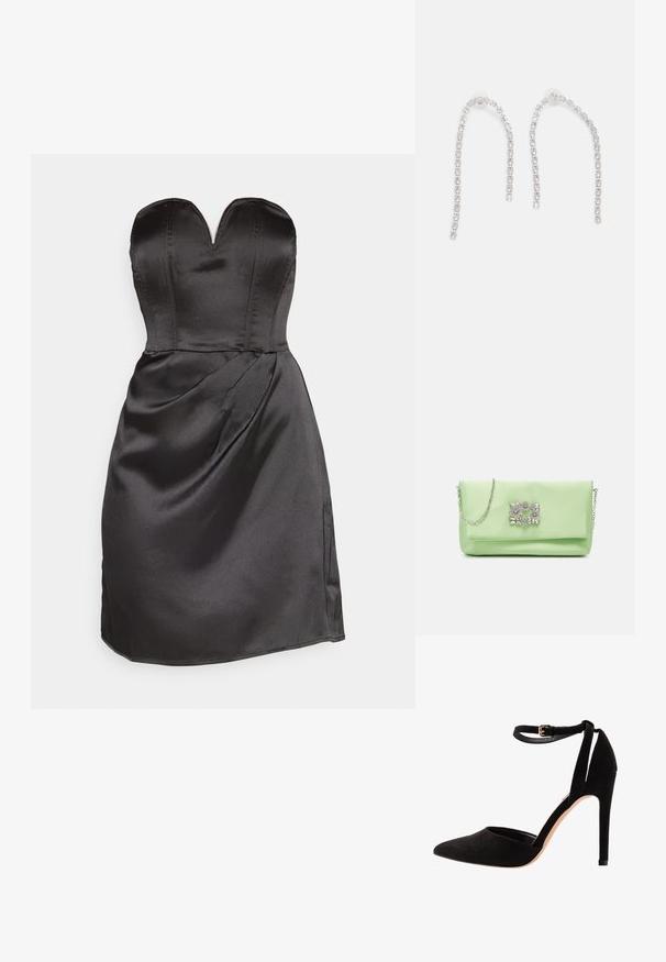 Vero Moda VMSALLY HEARTNECK SIMILI DRESS - Robe de soirée - black/simili; Escarpins en suède noir avec un bout pointu, une bride à la cheville et un talon aiguille. Le design présente une texture lisse avec un minimalisme dans les détails.; Mascara Pochette - apple; Boucles d'oreilles en argent avec des chaînes pendantes, présentant plusieurs pierres précieuses claires disposées en motif linéaire, offrant un effet scintillant.