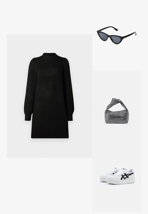 Sort strikket kjole med høj halsudskæring og puffede lange ærmer. Enkel design og tekstur, med en lige pasform. Ingen mønstre eller accenter.; Hvide sneakers med en struktureret overflade, sorte sidestrek og en tyk hvid sål. Har snørebåndsdesign og logo på tungen.; Sorte katteøje solbriller med mørkegrå linser, slankt plastisk stel, spidse hjørner og lige stænger. Ingen synlig hardware eller dekorationer.; Sorte og sølv håndtaske med en tekstureret overflade, der har et diamantmønster, en knyttet håndtag og en struktureret form.