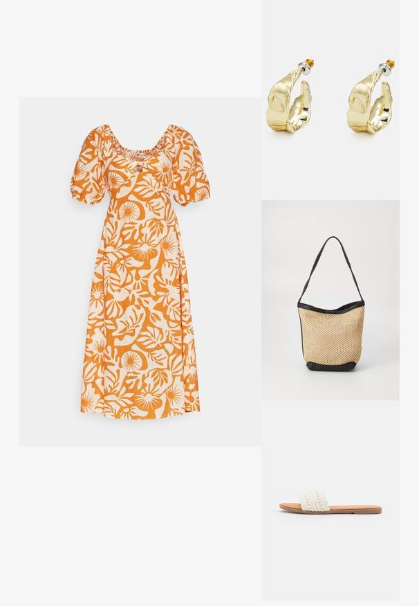 Vestido de estampado floral en color naranja y blanco, con escote cuadrado, mangas cortas abullonadas y corte relajado. Fabricado en tela ligera.; Sandalia deslizante blanca tejida con textura trenzada y cuentas decorativas, que cuenta con una plantilla suave en tono marrón y suela plana de goma.; Bolso de mano de paja trenzada con textura natural, acentuado por un ribete y asa de hombro de cuero sintético negro; diseño de apertura en la parte superior.; Pendientes en tono dorado con forma de manos abstractas, que presentan una superficie brillante, detalles intrincados y un poste de plata y oro para un ajuste seguro.
