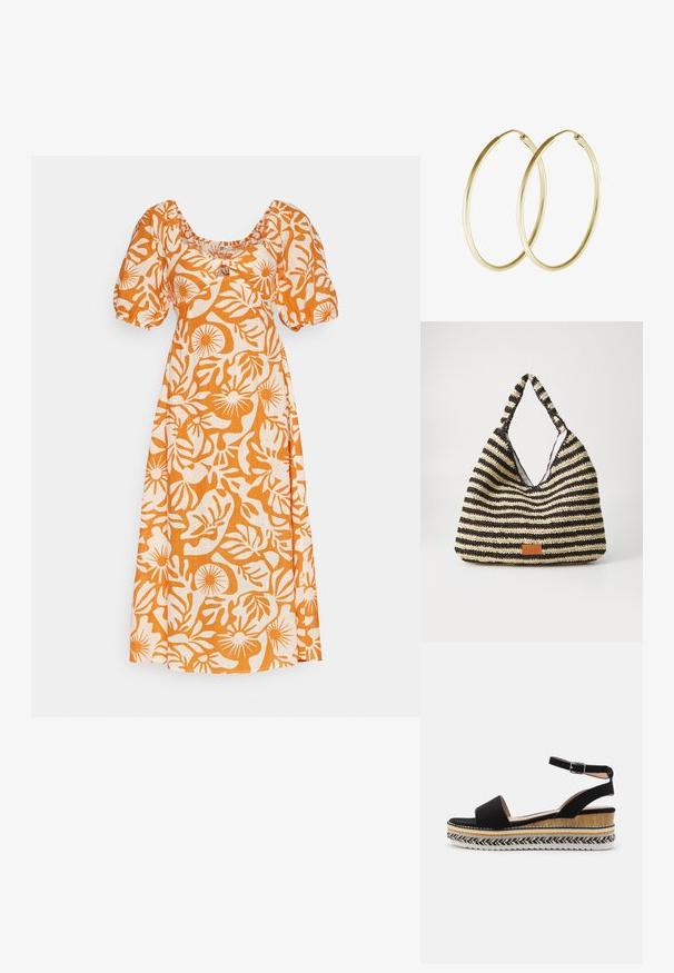 Vestido de estampado floral en color naranja y blanco, con escote cuadrado, mangas cortas abullonadas y corte relajado. Fabricado en tela ligera.; Sanda negra de ante con una tira ancha, hebilla en el tobillo y una suela de cuña estratificada que presenta texturas naturales y un patrón trenzado.; Bolsa tejida a rayas en negro y beige, con un diseño holgado, superficie texturizada y un pequeño parche de cuero.; Pendientes de aro de oro con un diseño suave y redondeado y un acabado brillante. Construcción ligera con un cierre de broche seguro.