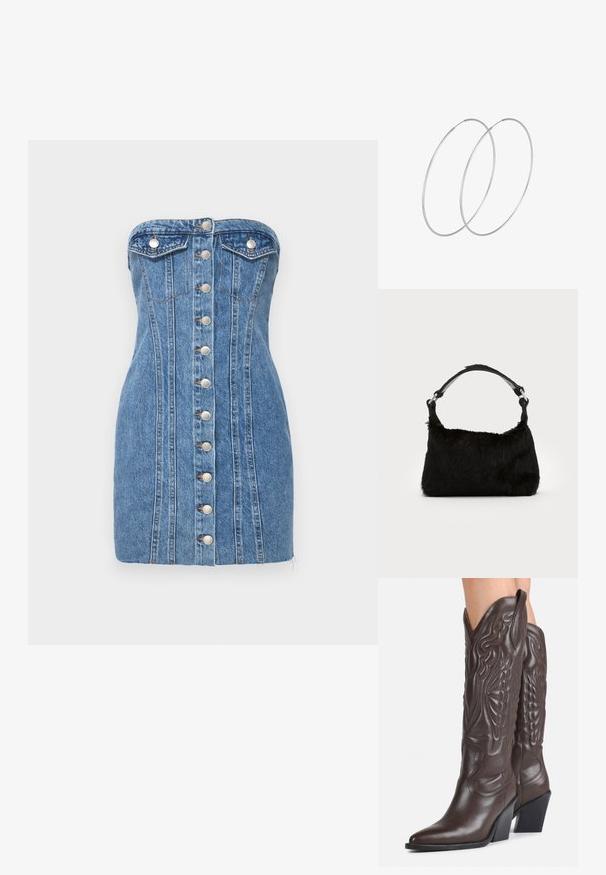 Stropeløs denim mini kjole i lyseblå med sølvknapper ned langs forsiden, der har to brystlommer og lodrette sømdetaljer.; Mørkebrune læder cowboystøvler til knæene med spidse tæer, dekorativ syning og skrå blokhæle, båret af en person.; Sort faux fur håndtaske med en blød tekstur, rund form og en robust skulderrem i sort læder. Synlige sølvhardware-detaljer.; Sølvøreringe med et minimalistisk design. Cirkulær form, glat tekstur og tynd profil. Letvægtige med en poleret overflade.