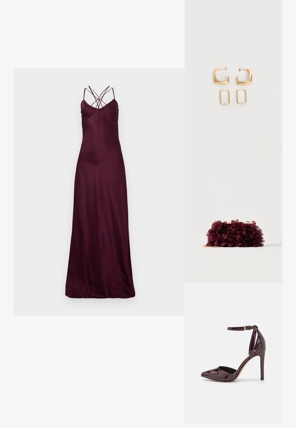 Vestido largo de satén burdeos con tirantes finos y diseño cruzado en la espalda. Textura suave y silueta ajustada. Sin patrones ni elementos metálicos visibles.; Zapato de charol burdeos de tacón alto con punta afilada, correa en el tobillo y un tacón de 10 cm tipo stiletto. Textura suave y detalles mínimos.; Bolso de mano cubierto de pétalos de tela burdeos con un marco metálico dorado y una correa corta de cadena dorada, mostrado sobre un fondo liso.; Dos pares de pendientes de aro geométricos en tono dorado sobre una superficie blanca lisa, un par cuadrados y sólidos, un par rectangulares y huecos.