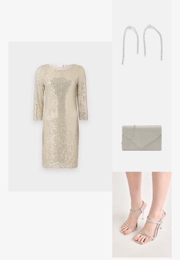 Vestido de lentejuelas en dorado claro con mangas largas, cuello redondo y una silueta ajustada. Presenta una textura brillante y un patrón vertical.; Pies que llevan sandalias de tacón alto plateadas con correas finas y puntas cuadradas, de pie sobre una superficie de color claro.; Bolso de mano metálico plateado con diseño de sobre, embellecido con un patrón texturizado, que incluye una correa de cadena desmontable.; Pendientes de plata con cadenas colgantes, adornados con múltiples piedras preciosas transparentes dispuestas en un patrón lineal, que ofrecen un efecto deslumbrante.
