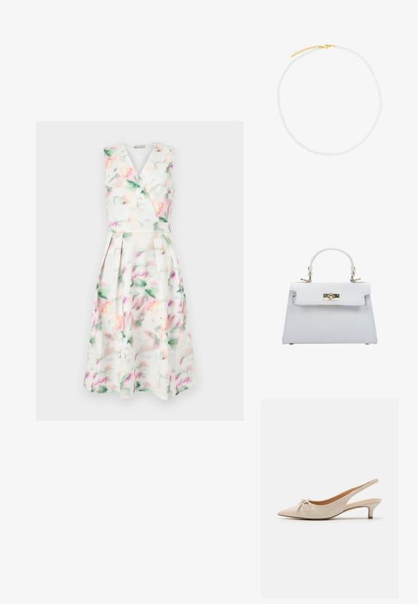 Mouwloze witte midi-jurk met pastel aquarel bloemenprint, V-hals wikkelbodysuit, getailleerde taille en geplooide rok.; Beige gepatineerde lederen slingback hakken met een spitse neus en een decoratieve strik op de wreef. Voorzien van een lage, slanke hak en een gladde textuur.; ESTRO Handtas - white; Witte parelketting met een gouden sluiting, voorzien van een delicate kettingverlenging voor een verstelbare lengte. Gladde parelmoer-afwerking.