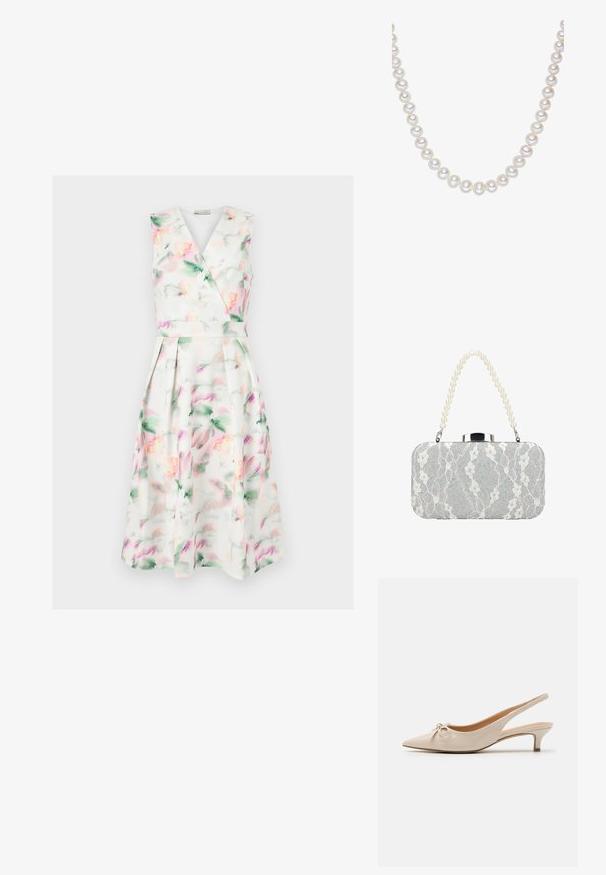 Vestido midi blanco sin mangas con estampado floral en acuarela en tonos pastel, cuerpo cruzado con escote en V, cintura ceñida y falda plisada.; Tacones slingback de charol beige con puntera afilada y un lazo decorativo en el empeine. Incluyen un tacón bajo y estilizado con una textura suave.; Pequeño bolso clutch plateado con superposición de encaje floral blanco y asa de perlas, rectangular con bordes redondeados y cierre metálico.; Cadena de perlas redondas y blancas con una superficie lisa, espaciadas uniformemente, mostrando un sutil brillo y un suave resplandor sobre un fondo blanco.