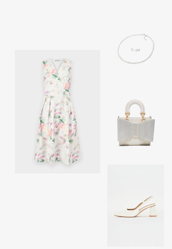 Ærmeløs hvid midi-kjole med pastel akvarelblomstret print, V-hals omslagsbodice, tætsiddende talje og plisseret nederdel.; Hvide patentlæder slingback sko med spidse tæer og en geometrisk blokhæl. Indersiden har en tan indersål og minimale udskæringer på siden.; Lille hvid håndtaske med polstret håndtag og stor forreste sløjfe prydet med sølvperler og guldfarvede metaldetaljer.; Hvid perlekæde med en sølvlås og matchende perle-ørestikkere, der har glatte, runde perler arrangeret jævnt.