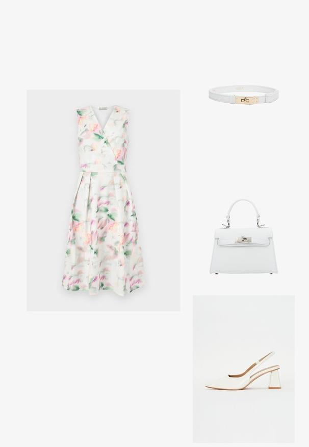 Mouwloze witte midi-jurk met pastel aquarel bloemenprint, V-hals wikkelbodysuit, getailleerde taille en geplooide rok.; Witte patenten leren slingback schoen met een spitse neus en een geometrische blokhak. Het interieur heeft een tan kleurige inlegzool en minimale zijsnedes.; Witte leren handtas met een gestructureerd ontwerp, handvat aan de bovenkant en zilveren hardware, voorzien van een gesp-sluiting en subtiele stiksels.; Witte leren riem met gouden metalen gesp met een rechthoekige draaivergrendeling, weergegeven tegen een witte achtergrond.
