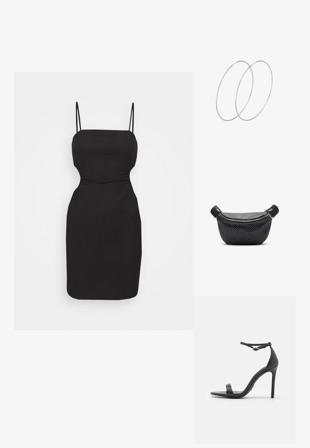 Even&Odd by Zalando STRAPPY OPEN WAIST BODYCON MINI DRESS (EO-SS23-C130-SP) / 802 - BLACK - Jerseyjurk - black; Zwarte hoge hakken sandalen met een open teen, dunne banden en een enkelsluiting. Gladde leren textuur met een puntige neus.; Zwarte handtas met een gladde leren bovenkant en een gestructureerde basis bedekt met zilveren studs, voorzien van een ritsluiting en dubbele handvatten.; Zilveren hoepel oorbellen met een minimalistisch ontwerp. Cirkelvormig, gladde textuur en dun profiel. Lichtgewicht met een gepolijste afwerking.