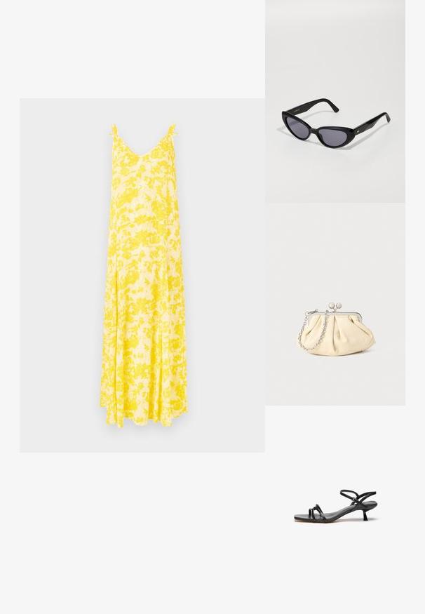 Robe maxi florale jaune avec un décolleté en V et des bretelles fines, offrant une silhouette fluide et un tissu léger, idéale pour les temps chauds.; Sandale en cuir noir au design épuré et minimaliste. Dotée de deux fines lanières et d'un petit talon incliné. Texture lisse et bout ouvert.; Des lunettes de soleil noires en forme d'œil de chat avec des verres foncés. Fabriquées en plastique brillant, présentant un subtil accent doré sur la branche. Texture lisse et forme audacieuse.; Pochette en cuir beige plissé avec un cadre en métal argenté, dotée de deux fermoirs ronds décoratifs et d'une chaîne en argent.