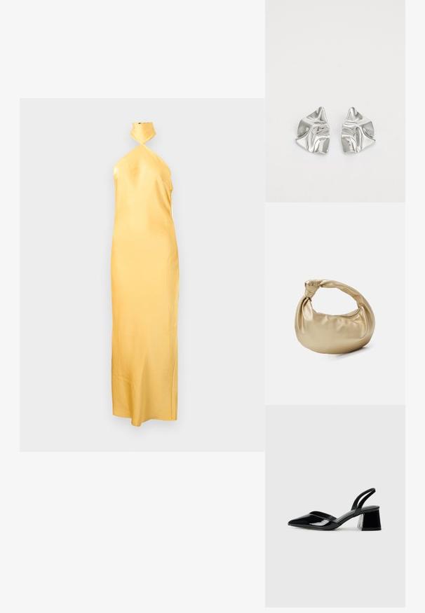 Lange satijnen halterjurk in bleekgeel met een aansluitend silhouet en een zoom tot op de enkel tegen een effen achtergrond.; Zwarte gepatineerde leren slingback hakken met een spitse neus en een geometrische blokhak. Kenmerkt zich door een slank, minimalistisch ontwerp en een gladde textuur.; Gouden metalen handtas met een gladde, glanzende textuur. Voorzien van een geknoopte handgreep en een ronde, zachte vorm. Ritsluiting aan de bovenkant.; Zilveren metalen oorbellen met een golvend, sculpturaal ontwerp, voorzien van een gepolijste afwerking en onregelmatige vormen, die een hedendaagse esthetiek benadrukken.
