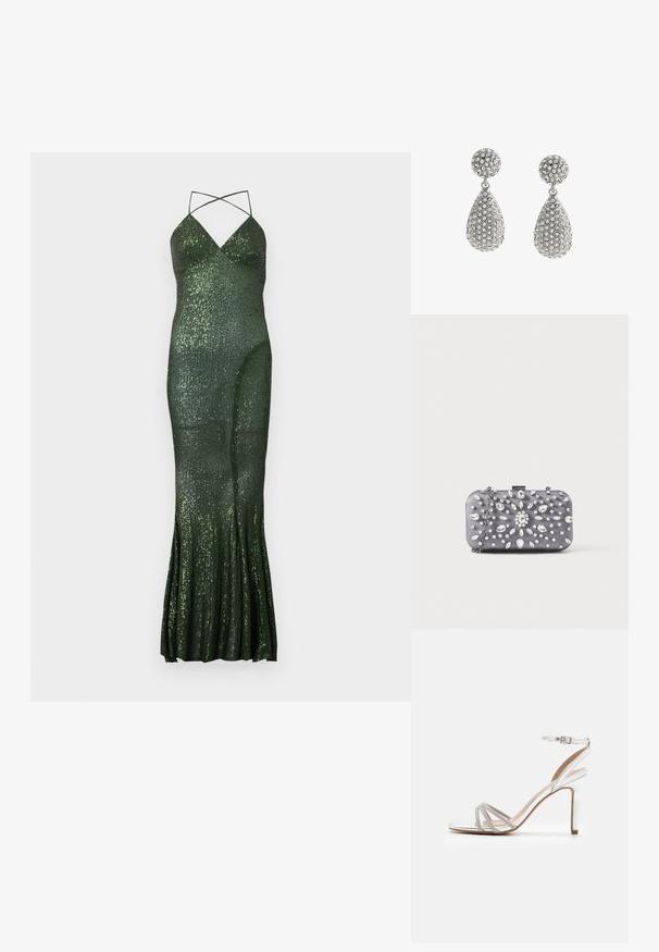 Green sequin evening dress with a fitted silhouette, spaghetti straps, and flared hem, featuring vertical stripes of sequins for texture.; Silver high-heeled sandal with multiple straps featuring rhinestone accents, open toe design, and an ankle buckle. Smooth metallic finish.; Small rectangular dark gray clutch adorned with clear rhinestones in a radiating pattern and a silver chain strap.; Silver-tone drop earrings with round studs and teardrop-shaped dangles, both covered in small clear rhinestones.