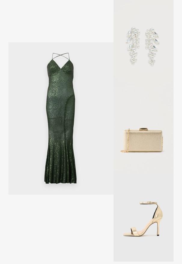Vestido de fiesta verde con lentejuelas, silueta entallada, tirantes finos y bajo acampanado, con rayas verticales de lentejuelas que aportan textura.; Sandal de tacón alto metálico dorado con una delgada tira en el tobillo, punta descubierta y un diseño elegante. Presenta una textura suave y detalles minimalistas.; Clutch rectangular de tono dorado con superficie texturizada, cierre dorado en la parte superior y una delgada correa de cadena dorada, sobre un fondo liso.; Par de pendientes en tono plateado con cristales claros facetados agrupados en formas redondas y marquesas sobre fondo blanco.