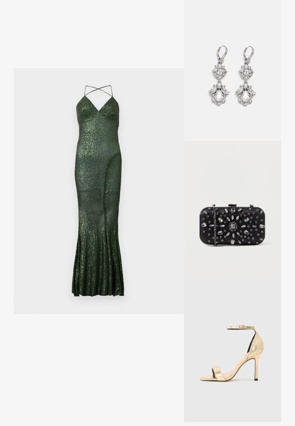 Groene avondjurk met pailletten, een getailleerde pasvorm, spaghetti bandjes en een uitlopende zoom, met verticale strepen van pailletten voor textuur.; Gouden metallic hoge hak sandaal met een dunne enkelband, open teen en een strak ontwerp. Kenmerkt zich door een gladde textuur en minimalistische details.; Zwarte clutch met een rechthoekige vorm, versierd met verschillende strass-steentjes in een bloemmotief, voorzien van een zilveren ketting voor het dragen.; Zilverkleurige oorbellen met meerdere heldere kristalgesteenten in druppel- en marquisevormen, met sluitingen met een leversysteem en ingewikkelde details.
