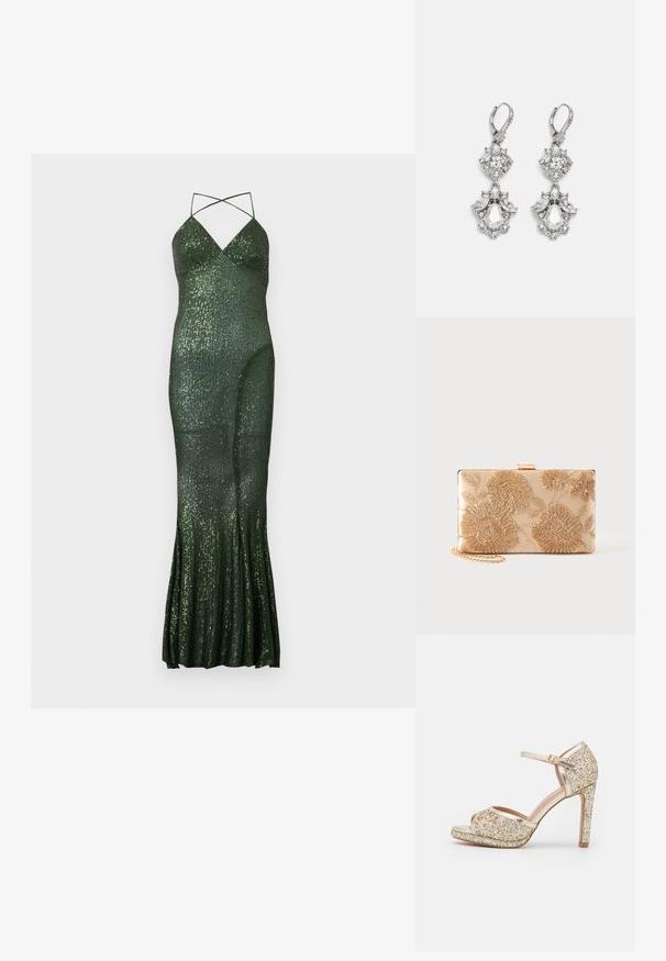 Groene avondjurk met pailletten, een getailleerde pasvorm, spaghetti bandjes en een uitlopende zoom, met verticale strepen van pailletten voor textuur.; Gouden glitter high-heeled sandaal met open teen, enkelbandje en chunky plateauzool. Glad metallic accentueert het algehele ontwerp.; Rechthoekige beige clutch met gouden bloemenborduursel en een gouden kettingriem op een effen achtergrond.; Zilverkleurige oorbellen met meerdere heldere kristalgesteenten in druppel- en marquisevormen, met sluitingen met een leversysteem en ingewikkelde details.