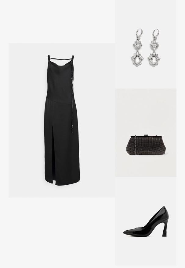 Robe noire sans manches avec une fente sur le devant, présentant une finition lisse et un détail de nœud décoratif sur un côté. Design simple et minimaliste.; Escarpin en cuir verni noir à talon haut, avec un bout pointu et un talon bloc, présentant un accent logo. Texture de surface lisse et brillante.; Pochette noire en mesh avec une silhouette structurée, ornée de petits clous métalliques, dotée d'une fermeture à clip et d'une bandoulière en chaîne détachable.; Boucles d'oreilles en métal argenté ornées de plusieurs pierres précieuses en cristal transparent en forme de goutte et de marquise, avec des fermoirs à levier et des détails complexes.