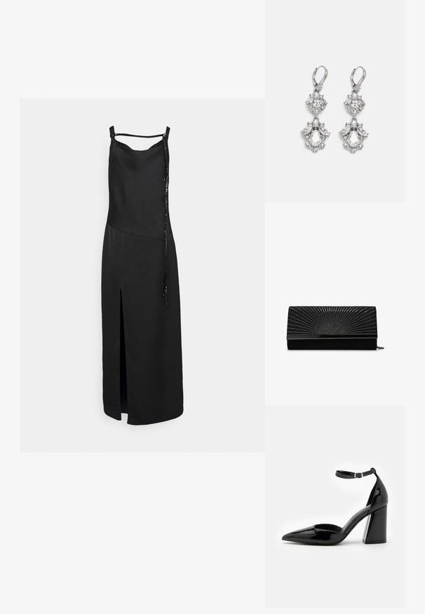 Vestido negro sin mangas con una abertura frontal, que presenta un acabado suave y un detalle decorativo de lazo en un lado. Diseño simple y minimalista.; Zapato de tacón alto de charol negro con punta afilada, correa en el tobillo y ancho tacón bloque para mayor estabilidad, con una textura suave y brillante.; Bolso de mano negro en ante con cierre metálico, que presenta un patrón adornado de tachuelas plateadas que irradian desde el centro. Compacto y rectangular.; Pendientes de tono plateado que presentan múltiples piedras de cristal transparente en formas de lágrima y marquesa, con cierres de palanca y un detallado intrincado.