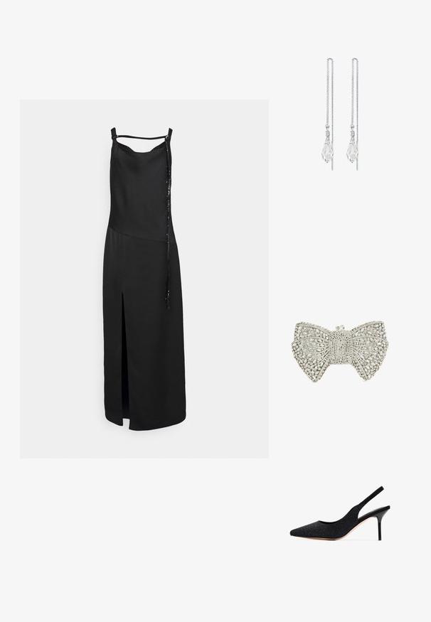 Zwarte mouwloze jurk met een voorknoop, met een gladde afwerking en een decoratieve strik aan één kant. Eenvoudig, minimalistisch ontwerp.; Zwarte slingback pump met een spitse neus, versierd met rhinestones. Heeft een elegant ontwerp, hoge stiletto hak en een gladde binnenvoering.; Zilverkleurige clutch in de vorm van een strik, versierd met heldere rhinestones en een kristallen sluiting bovenop.; Elli DROP CHAIN - Oorbellen - silberfarben