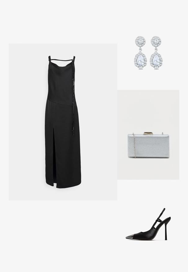 Schwarzes ärmelloses Kleid mit einem Schlitz auf der Vorderseite, das eine glatte Oberfläche und ein dekoratives Bindedetail auf einer Seite aufweist. Einfaches, minimalistisches Design.; Schwarzer Slingback-Pump mit spitzem Zeh und glänzender metallischer Kappe. Verfügt über einen hohen Stiletto-Absatz und einen schmalen Knöchelriemen. Glatte Lederoberfläche.; Rechteckige silberne Clutch aus strukturiertem Metallic-Stoff, mit einem Klappverschluss und einem abnehmbaren Kettenriemen zum Tragen.; Ohrringe in Silberfarbe mit einem runden Stecker im Pavé-Stil und einem tropfenförmigen Anhänger, der von kleineren Steinen umgeben ist, was einen funkelnden Effekt betont.