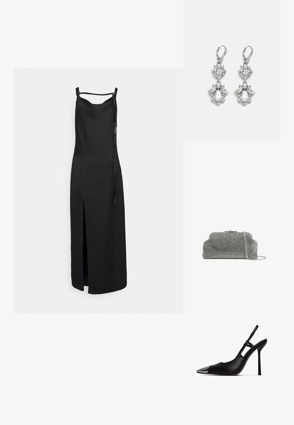 Schwarzes ärmelloses Kleid mit einem Schlitz auf der Vorderseite, das eine glatte Oberfläche und ein dekoratives Bindedetail auf einer Seite aufweist. Einfaches, minimalistisches Design.; Schwarzer Slingback-Pump mit spitzem Zeh und glänzender metallischer Kappe. Verfügt über einen hohen Stiletto-Absatz und einen schmalen Knöchelriemen. Glatte Lederoberfläche.; Reiss ADALINE EMBELLISHED - Clutch - silver coloured; Silberfarbene Ohrringe mit mehreren klaren Kristallgemmen in Tropfen- und Marquiseformen, mit Klappverschluss und kunstvollen Details.