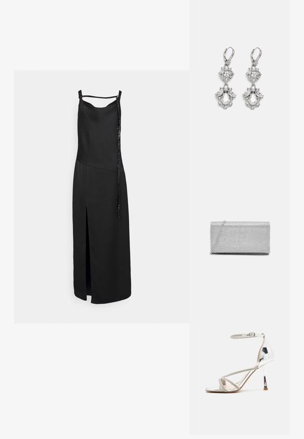 Vestido negro sin mangas con una abertura frontal, que presenta un acabado suave y un detalle decorativo de lazo en un lado. Diseño simple y minimalista.; Sandalia de tacón alto plateada con un diseño de tiras, material brillante, acentos de strass y una correa delgada en el tobillo. Punta cuadrada y tacón pulido.; Bolso de mano metálico plateado con diseño de malla trenzada, forma rectangular y una cadena para llevar. Textura suave y acabado pulido.; Pendientes de tono plateado que presentan múltiples piedras de cristal transparente en formas de lágrima y marquesa, con cierres de palanca y un detallado intrincado.