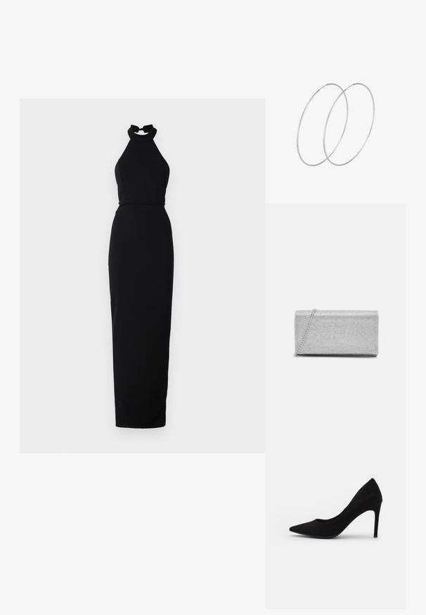 Robe noire à col halter en tissu lisse, présentant un corsage ajusté et une jupe longue au sol avec une silhouette élégante.; Pompe à talon aiguille en suède noir, avec un bout pointu, une texture lisse et un talon stiletto fin. Design classique avec une silhouette épurée.; Pochette en métal argenté avec un design en maillage tissé, de forme rectangulaire, et une chaîne pour le transport. Texture lisse et finition polie.; Boucles d'oreilles en argent au design minimaliste. Forme circulaire, texture lisse et profil fin. Légères avec une finition polie.