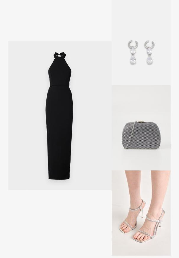 Čierne šaty s halter výstrihom vyrobené z hladkej tkaniny, ktoré majú priliehavý korzet a dlhú sukňu s elegantným strihom.; Nohy v strieborných sandáloch na vysokých podpätkoch s tenkými pásikmi a štvorcovými špičkami stoja na svetlej ploche.; Čierno-biely textúrovaný kabelka na ruku so zaobleným tvarom, strieborným reťazovým remienkom a kovovým zapínaním na vrchu.; Strieborné náušnice s textúrovaným kruhovým dizajnom, ktoré obsahujú dva číre krištáľové kvapkovité kamene a menší štvorcový kameň na spodnej časti.