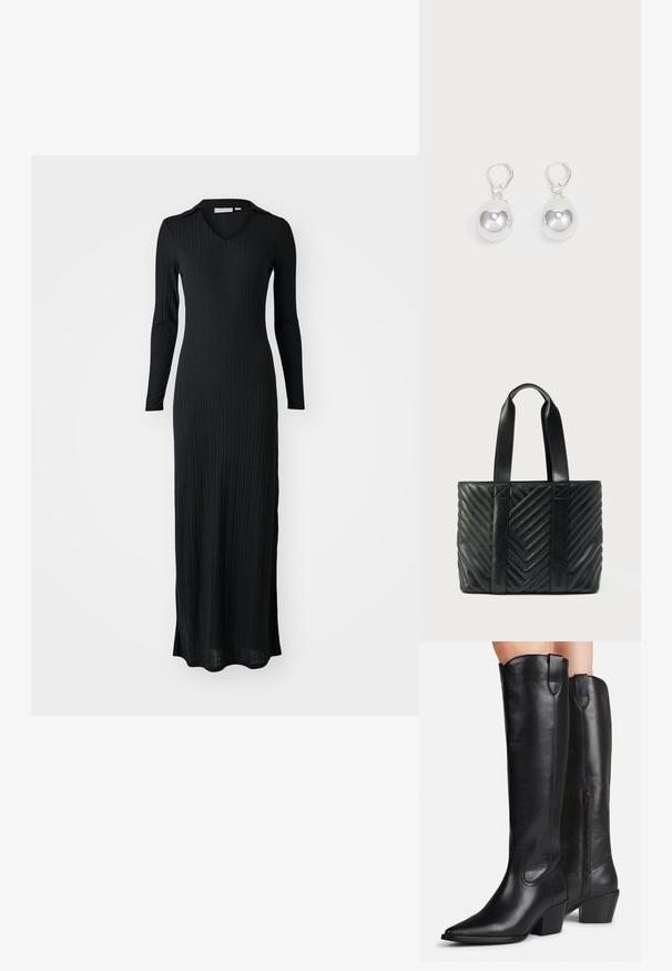 Musthave mustriba maxi kleit pikade varrukatega, v-kaelusega ning keha figureeriva lõikega, valmistatud pehmest, tekstureeritud kangast.; Kõrged mustad nahast saapad teravate ninade, plokk-kontsa ja külgmiste tõmblukkudega, kantud jalgadel heleda tausta ees.; Mustast õmmeldud chevron-mustrilise mustriga kandekott, millel on tasased sangad ja külgedel reljeefne bränding. Valmistatud siledast nahast.; Hõbedased langenud kõrvarõngad, millel on siledad, ümmargused, peegeldavad pinnad, mis ripuvad klamberkinnituselt. Taust on lihtne valge.