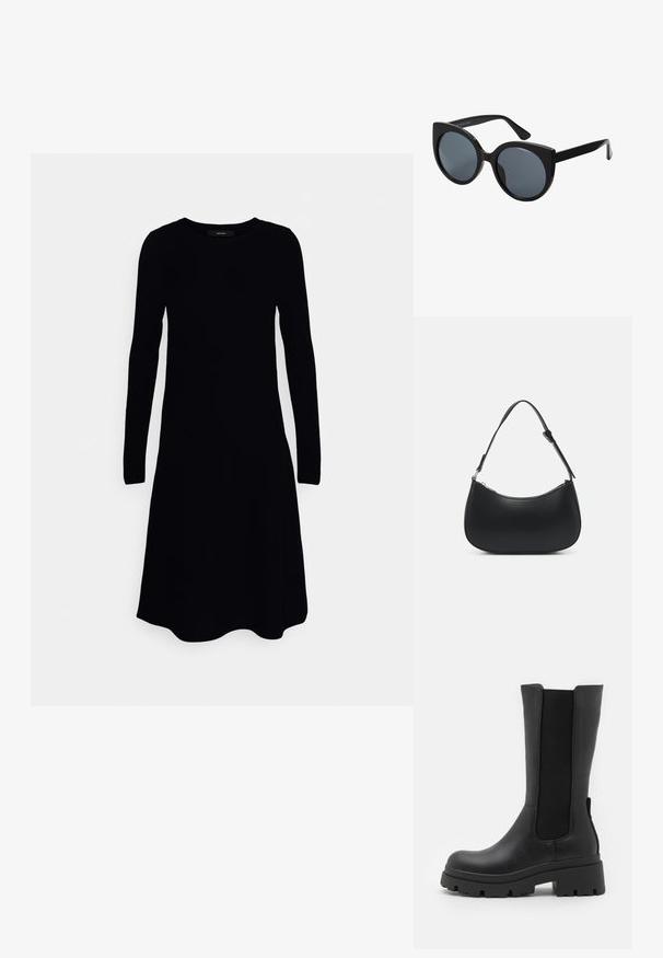 Vero Moda Tall VMNANCY DRESS - Gebreide jurk - black; ONLY SHOES ONLDOJA - Plateaulaarzen - black; Zwarte oversized zonnebril met een kattenoogvorm, donkere getinte lenzen en een glanzend plastic montuur. Beschikt over dikke tempels voor extra ondersteuning.; Pieces PCALUANA SHOULDER BAG - Handtas - black