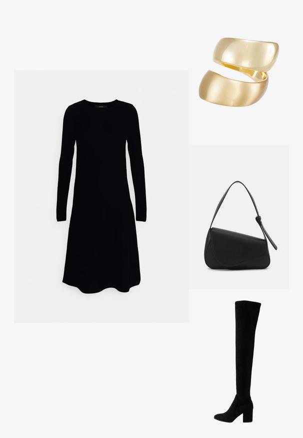 Vero Moda Tall VMNANCY DRESS - Robe pull - black; Bottes noires au-dessus du genou en daim doux, avec un talon haut épais et un design épuré et ajusté avec un bout rond.; Sac à main en cuir noir de forme triangulaire, avec un rabat incliné et une poignée supérieure arrondie. Il présente une texture lisse et des détails de design minimalistes.; Bague en ton or composée de deux bandes entrelacées ; la partie supérieure est polie et réfléchissante, tandis que la partie inférieure a une finition mate.