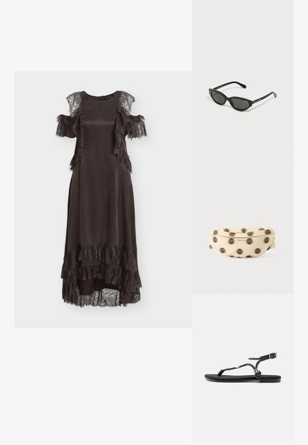 Vestido midi marrón oscuro con mangas de hombros descubiertos de encaje, ribete de encaje a los lados y dobladillo con volantes de encaje, cierre trasero con cremallera.; Sandalias planas negras con tiras trenzadas y un acento metálico. Presentan una hebilla ajustable y una suela de goma plana para mayor comodidad.; Gafas de sol negras en forma de ojo de gato con lentes oscuros, con adornos en tono plateado a lo largo del borde superior. Montura de plástico brillante y elegante.; Riñonera de tela beige con lunares negros difuminados y "STINE GOYA" impreso en letras pequeñas negras en la parte delantera.