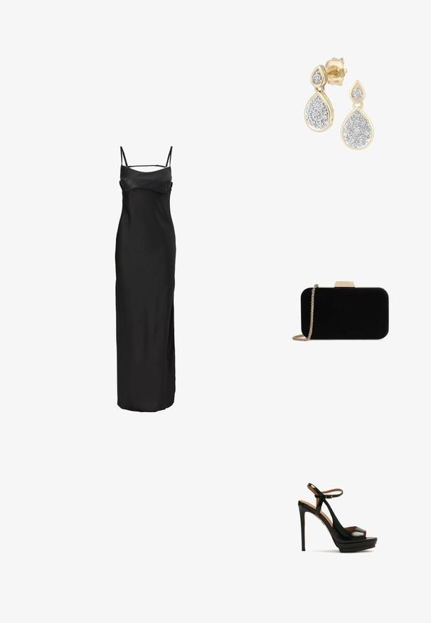 Zwart satijnen slipdress met dunne bandjes, een getailleerd lijfje en een lange, vloeiende silhoeet. Gladde textuur met een subtiele glans.; Zwarte hoge hakken sandaal met open teen, enkelbandje, glanzend leren materiaal, platform basis en stiletto hak. Gouden hardwaredetails.; Zwarte fluwelen clutch met gouden hardware, rechthoekige vorm en kettingband, met een zachte textuur en zonder zichtbare patronen.; Druppelvormige oorbellen met een gouden frame en zilveren accenten, versierd met meerdere kleine, ronde sprankelende stenen in een decoratieve opstelling.
