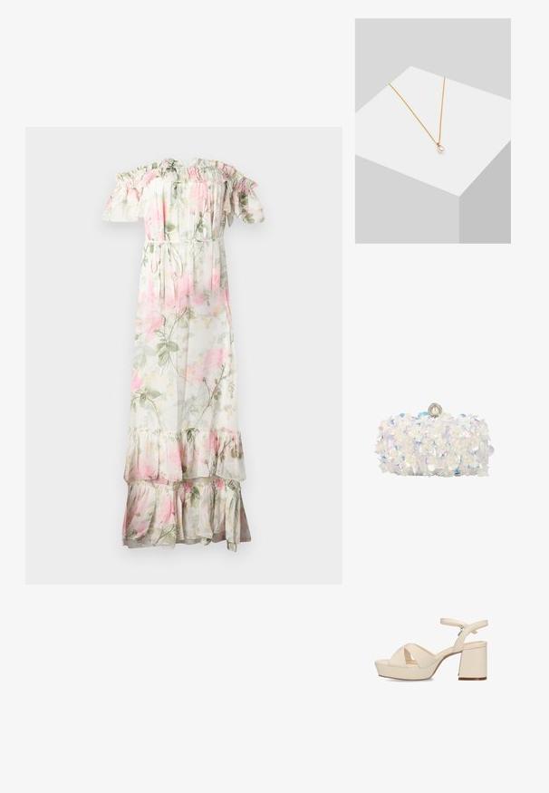 Floral maxi-jurk met off-shoulder ruches. Gemaakt van lichte stof, met roze en groene bloemen, een trekkoord in de taille en een gelaagd zoom.; Mexx NALINA NICKY - Sandalen met hoge hak - cream; Witte clutchtas bedekt met iriserende bloemapplicaties en parelaccenten, met een parelklipsluiting bovenaan.; Gouden ketting met een enkele ronde parel hanger. De ketting is fijn en delicaat, waardoor de glans van de parel wordt versterkt.