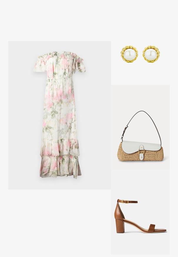 Vestido maxi floral con volantes sin mangas. Hecho de una tela ligera, con flores en tonos rosa y verde, una cintura con cordón y un dobladillo en capas.; Lauren Ralph Lauren LOGAN BURNISHED LEATHER SANDAL - Sandalias - deep saddle tan; Bolso de paja tejida con solapa de cuero blanco, hebilla dorada y correa de hombro ajustable en marrón oscuro sobre fondo blanco.; Pendientes dorados que presentan perlas blancas circulares rodeadas de un diseño de cuerda de oro retorcida, exhibiendo un acabado pulido.