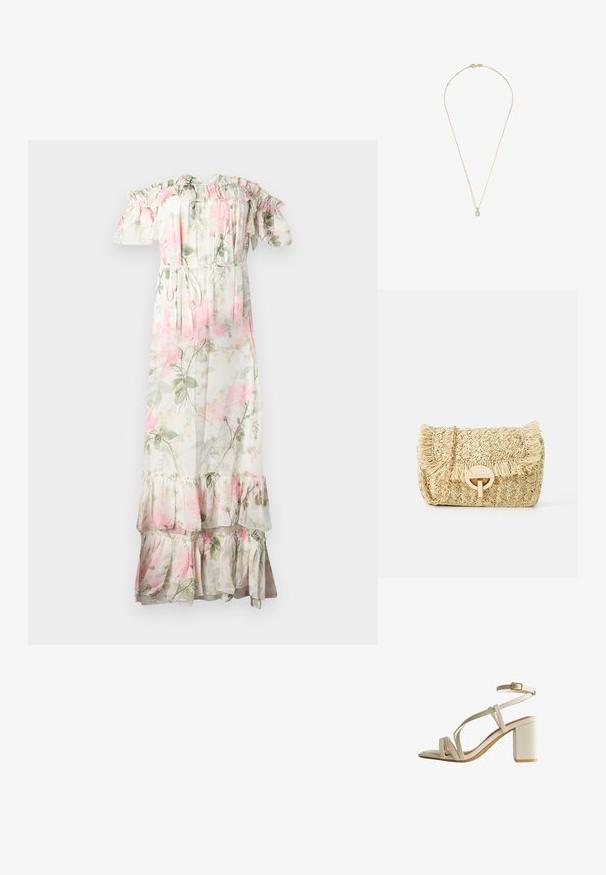 Robe maxi florale avec volants dénudés sur les épaules. Fabriquée en tissu léger, elle présente des fleurs roses et vertes, une taille à cordon de serrage et un ourlet en étages.; Sandales à talons blocs beige avec un design à plusieurs lanières et une boucle ajustable à la cheville. Texture lisse et forme de orteil carrée.; Sac à main en paille tissée de couleur beige clair avec un bord frangé, des éléments en métal doré et un fermoir circulaire ; doté d'une bandoulière en chaîne.; Collier en chaîne dorée avec un pendentif rectangulaire ornée d'une pierre claire. La chaîne est fine et délicate dans son design.