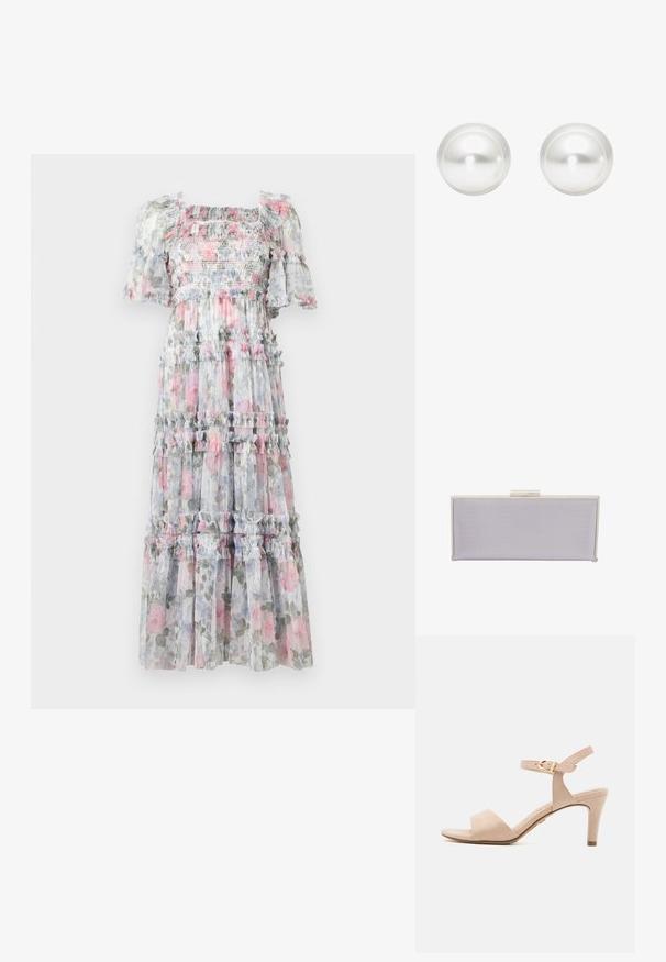 Maxi-jurk van bloemenchiffon met geplooide taille, gerimpelde mouwen en gelaagde rokken. Kleuren zijn zachtroze, grijs en groene bloemenpatronen.; Beige suède hoge hak sandaal met een smalle enkelband, open tenen en een taps toelopende hak van 7,5 cm; heeft een gouden gesp-detail.; Rechthoekige lavendelkleurige clutch van textuurmateriaal met gladde randen. Voorzien van een zilveren klapsluiting aan de bovenkant.; Parelsieraden met een gladde, glanzende oppervlakte; ronde vorm; klassieke witte kleur; geen zichtbare accenten of patronen.