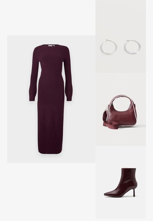 Robe tricotée à manches longues bordeaux avec une silhouette ajustée, un col rond et une texture côtelée ; longueur genou avec des manches légèrement évasées.; Bottine en cuir verni bourgogne avec un bout pointu et un talon aiguille Slim, présentant une texture lisse et brillante et un design minimaliste.; Sac à main en cuir tressé marron foncé avec poignée courbée, garniture blanche, fermeture éclair argentée et bandoulière large en tissu amovible sur fond uni.; Boucles d’oreilles créoles en métal argenté avec une surface lisse légèrement incurvée et des fermoirs à clapet sur un fond blanc uni.