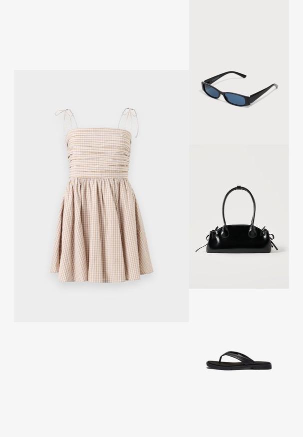 Kleider im Gingham-Check-Muster in Beige und Weiß, mit einem gerafften Mieder, verstellbaren Bindebändern und einem ausgestellten Rock.; Schwarze Flip-Flops mit einer weich strukturierten Gummisohle und eleganten synthetischen Riemen. Das Design umfasst minimale Hardware und ein niedriges Profil.; Schwarze Sonnenbrille mit einem eleganten rechteckigen Rahmen und blauen Gläsern. Besitzt eine glatte Oberfläche und robuste Scharniere. Markenlogo an der Seite.; Kleine schwarze glänzende Handtasche mit zwei langen Griffen und seitlichen Kordelzug-Details vor einfachem hellem Hintergrund.