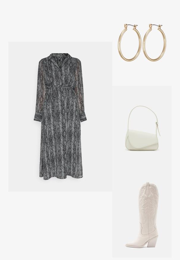 ONLY ONLALLIE MIDI DRESS - Jurk - black aop/sannie snake; Witte leren cowboylaars met een spitse neus en een vierkante hak. Heeft ingewikkelde stikpatronen op de schacht en een soepele textuur.; Witte nepleren handtas met een gestructureerde driehoekige vorm, een enkele verstelbare schouderriem en een klep met ronde accenten.; Gouden metalen ring oorbellen met een glad, rond ontwerp en een veilige scharnier sluiting. Lichtgewicht met een gepolijste afwerking.