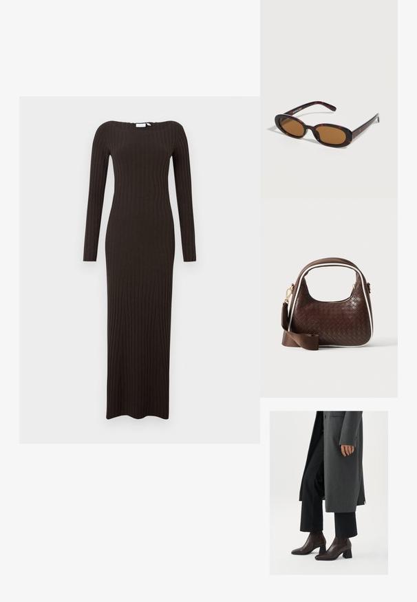 Robe longue moulante en tissu côtelé de couleur brun foncé, avec manches longues et encolure bateau. Texture lisse avec une coupe longue jusqu'au sol.; Bottines à talons hauts en cuir marron foncé avec un bout pointu et un talon carré, associées à un pantalon noir et un manteau gris.; Lunettes de soleil ovales en écaille avec des verres teintés marron et des branches fines reposant sur une surface blanche.; Sac à main en cuir tressé marron avec passepoil blanc, fermeture éclair dorée et bandoulière amovible en tissu marron.