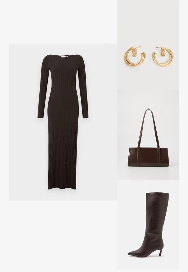 Robe longue moulante en tissu côtelé de couleur brun foncé, avec manches longues et encolure bateau. Texture lisse avec une coupe longue jusqu'au sol.; Steve Madden LAVAN - Bottes - brown; Sac à main en cuir verni marron de forme rectangulaire, avec deux longues poignées et des accents courbés subtils à l'avant.; Paire de boucles d'oreilles créoles doubles en or brillant avec attaches à tige sur fond blanc.