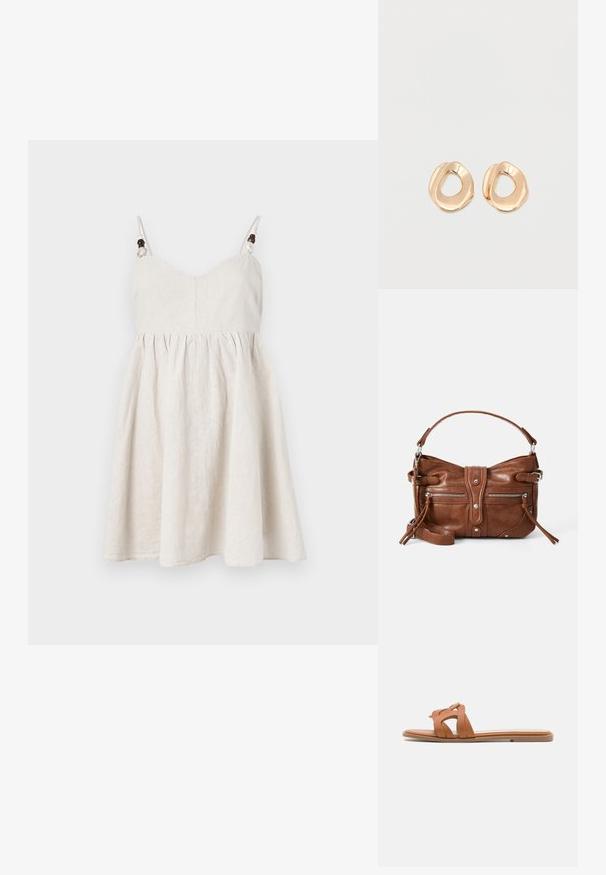 Robe d'été en lin de couleur beige clair, avec un corsage ajusté, une jupe évasée, des bretelles réglables agrémentées de perles en bois, et des détails froncés.; Sandale à glissière en cuir tan avec des lanières croisées, semelle plate et design minimaliste. Texture lisse sans motifs ni éléments matériels visibles.; Sac à main en cuir marron, de forme arrondie, avec deux poches zippées à l'avant et une bandoulière amovible. Il présente des éléments en métal argenté et des coutures.; Paired boucles d'oreilles en métal doré poli de forme irrégulière avec un centre ouvert sur un fond blanc uni.