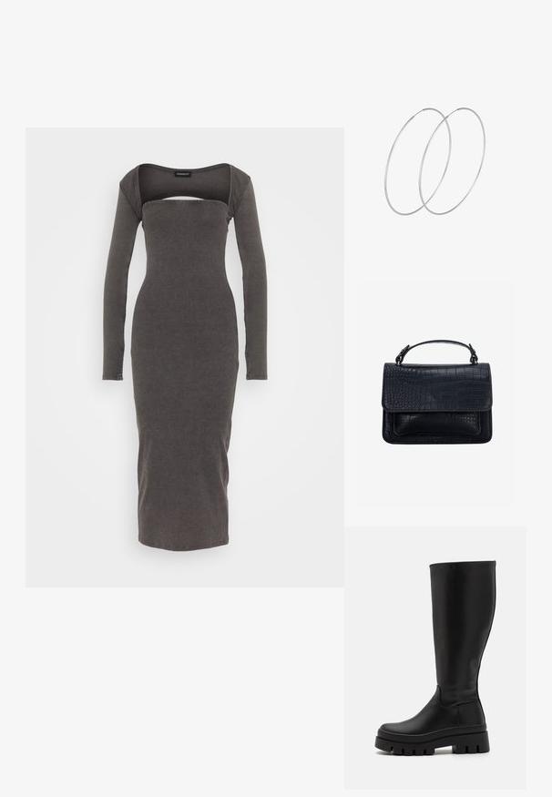 Langærmet, ribbet kjole i mørkegrå med firkantet halsudskæring og udskæring under busten, tætsiddende silhuet og ankel-længde kant.; Even&Odd by Zalando Plateaustøvler - black; Sort håndtaske med krokodilletekstur, rektangulært form, topklap og et enkelt kort håndtag.; Sølvøreringe med et minimalistisk design. Cirkulær form, glat tekstur og tynd profil. Letvægtige med en poleret overflade.