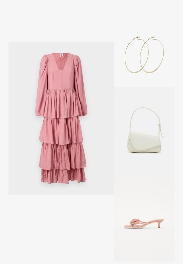 Vestido rosa de capas con mangas abullonadas largas, escote en V y múltiples capas con volantes. Presenta botones en el frente y una tela texturizada.; Chanclas de color rosa claro con un detalle texturizado de flor en la tira y un tacón pequeño. Material suave y diseño abierto.; Bolso de mano de imitación cuero blanco con una forma triangular estructurada, correa ajustable única y cierre con solapa acentuada en curva.; Pilgrim Pendientes - gold-coloured