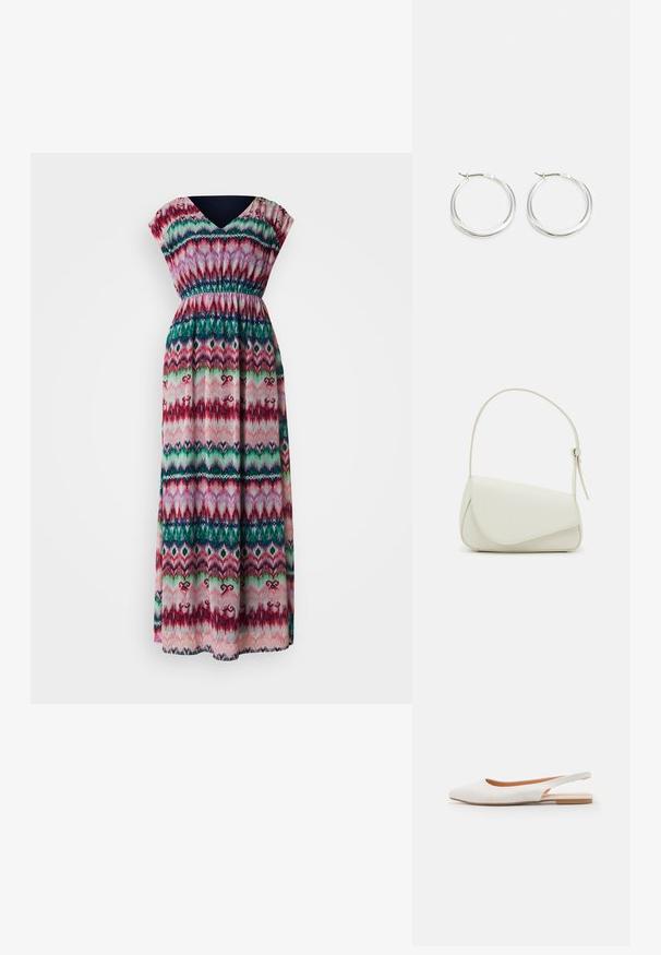 Robe maxi avec un décolleté en V et des manches courtes, ornée d'un motif tribal coloré dans des tons de rose, vert et bleu. Détail de taille froncée.; Ballerines blanches en cuir avec un bout pointu, design minimal, semelle plate et détail découpé au niveau du talon. Texture lisse.; Sac à main en cuir synthétique blanc avec une forme triangulaire structurée, une bandoulière unique réglable et un rabat à courbes accentuées.; Les boucles d'oreilles en argent en forme de créole présentent un design lisse et arrondi avec un profil fin et un fermoir sécurisé. Style minimaliste avec une finition polie.
