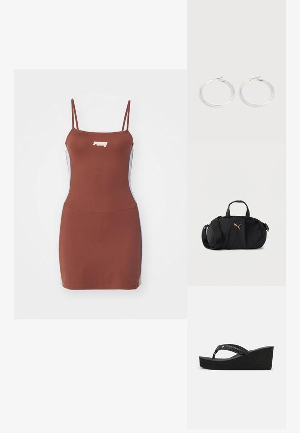 Bruine aangesloten jurk met dunne spaghettibandjes, voorzien van een wit logo op de borst en contrasterende lichtblauwe zijpanelen. Gladde textuur, minimalistisch ontwerp.; Zwarte wedge-sandalen met een geweven bandontwerp, voorzien van een textuur en een comfortabele zool. Geen zichtbare merknaam of versieringen.; Zwarte gestructureerde schoudertas met bovenhandvatten, brede verstelbare riem en klein gouden Puma-logo in het midden aan de voorkant.; Een paar glanzende zilveren oorringen met dunne draadafsluitingen, getoond op een lichtgrijze achtergrond.