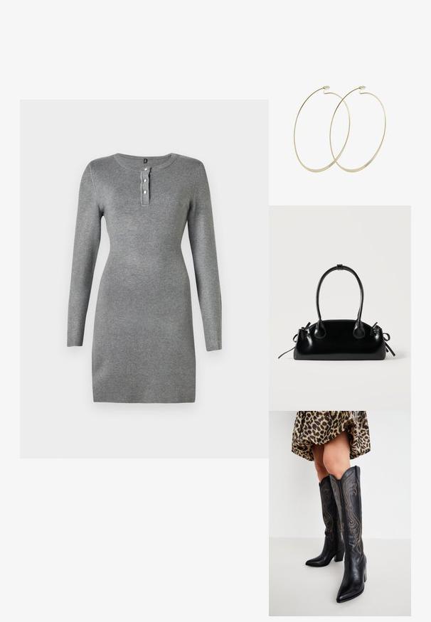 Graues langärmliges Kleid in taillierter Form, mit Rundhalsausschnitt und einer Knopfleiste mit drei Knöpfen. Strukturiertes Material mit glatter Oberfläche.; Beine in knielangen schwarzen Leder-Stiefeln im Cowboy-Stil mit dekorativer Stickerei, kombiniert mit einem kurzen Leopardenmuster-Rock vor einem weißen Hintergrund.; Kleine schwarze glänzende Handtasche mit zwei langen Griffen und seitlichen Kordelzug-Details vor einfachem hellem Hintergrund.; Pilgrim Ohrringe - gold-coloured
