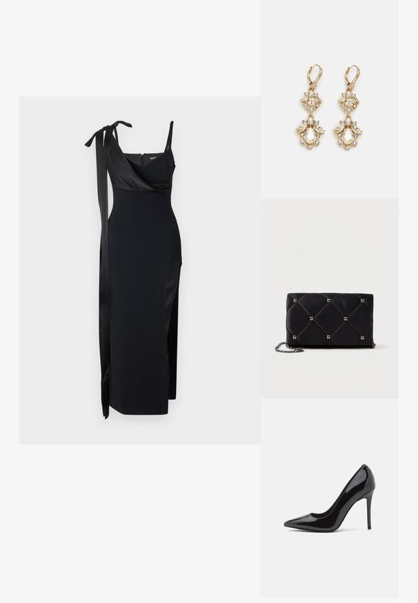 Sort kjole med en tætsiddende design, satin detaljer og slidse i siden. Har tynde stropper og en flatterende drapering neckline med en bindedetalje.; Sorte patentlærred højhælede pumps med spids tå og glat tekstur, der har en slank stilethæl. Ingen synlige udsmykninger.; Sort, kviltet satin clutch med sølvfarvede pyramidespidser, kædetræk, rektangulær form og glat overflade. Dimensioner: 10 cm x 18 cm x 4 cm.; Guldtonede chandelierøreringe med en klynge-design, der har runde og tårnformede klare krystaller, der fremhæver detaljerne.
