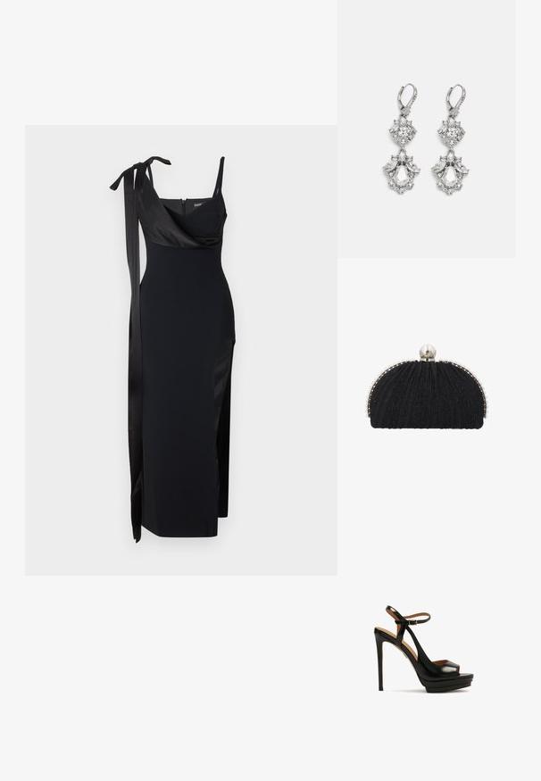 Schwarzes Kleid mit taillierter Passform, Satinakzenten und einem seitlichen Schlitz. Mit dünnen Trägern und einem schmeichelhaften, drapierten Ausschnitt mit einer Bindeschnur.; Schwarze High-Heel-Sandale mit offenem Zeh, Knöchelriemen, glänzendem Leder, Plattformsohle und Stiletto-Absatz. Mit goldenen Hardware-Details.; Schwarze Abend-Clutch mit strukturiertem Stoff, eingefasst von einer Reihe kleiner Perlen und einem großen Perlenverschluss oben.; Silberfarbene Ohrringe mit mehreren klaren Kristallgemmen in Tropfen- und Marquiseformen, mit Klappverschluss und kunstvollen Details.