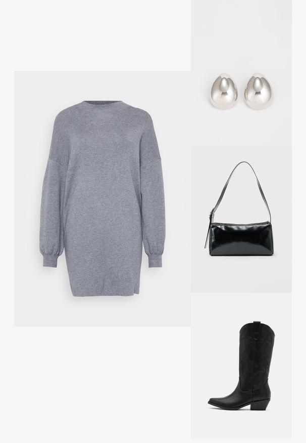 Grå oversized sweaterkjole lavet af blødt strikmateriale; har en rund halsudskæring og ballonærmer; sideslidser ved kanten.; Sort læder cowboystøvle med spids tå, lav stablet hæl og indviklet præget bladmønster på skaftet. Strop øverst for nem påtagning.; Sort rektangulær skuldertaske med en enkelt justerbar rem og lynlås i toppen på en ensfarvet baggrund.; Sølv metal øreringe med et glat, afrundet design, der ligner en dråbeform, og har en reflekterende overflade og sømløs finish.